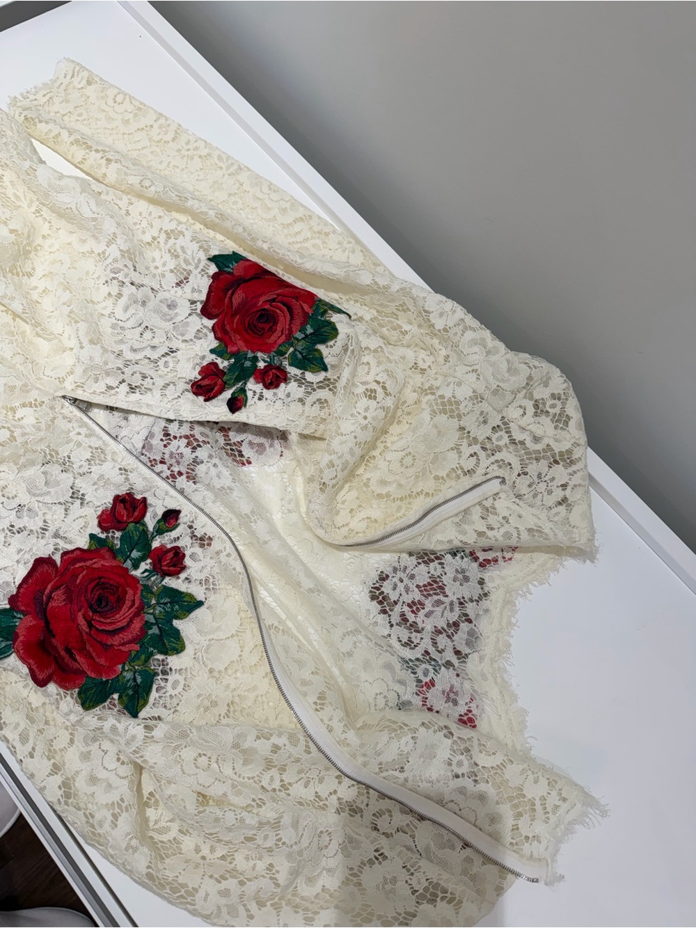 Dolce & Gabbana White Lace Mini Dress with Red Rose Embroidery - Picture 4 of 7